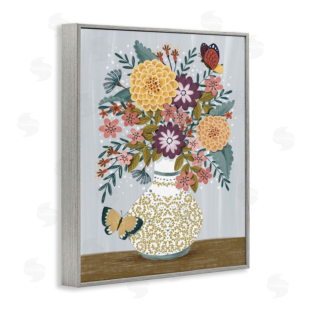 Raquel Maciel Dahlia Bouquet & Butterflies Gray Framed Giclee Wall Art Print