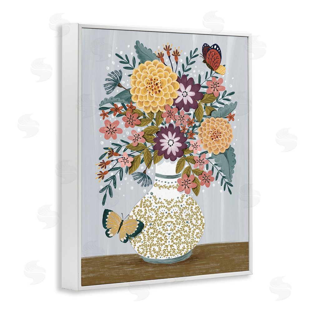Raquel Maciel Dahlia Bouquet & Butterflies White Framed Giclee Wall Art Print
