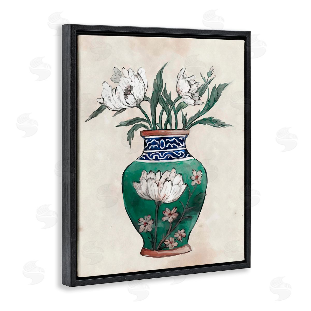 Floral Oriental Vase Black Floating Frame Canvas Wall Art, Home Decor by Ziwei Li