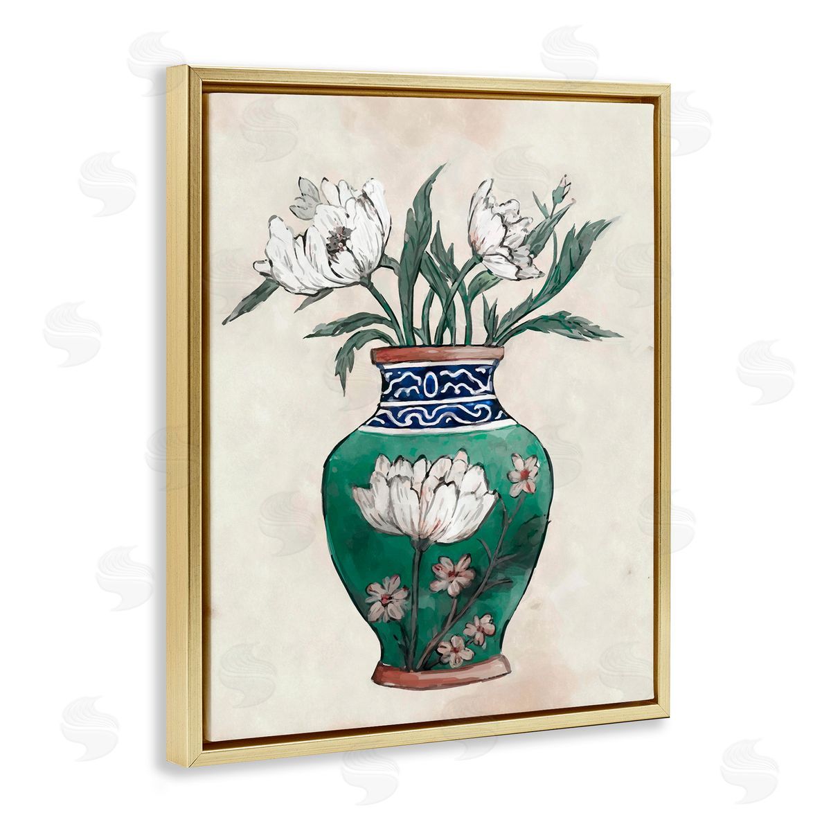 Floral Oriental Vase Gold Floating Frame Canvas Wall Art, Home Decor by Ziwei Li
