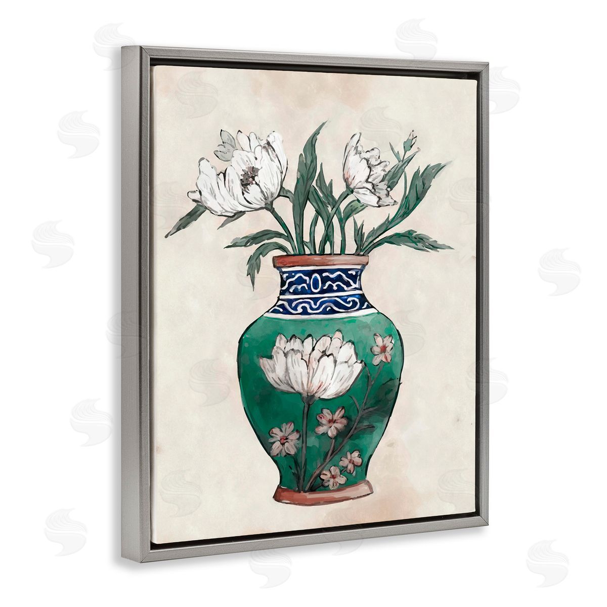 Floral Oriental Vase Grey Floating Frame Canvas Wall Art, Home Decor by Ziwei Li