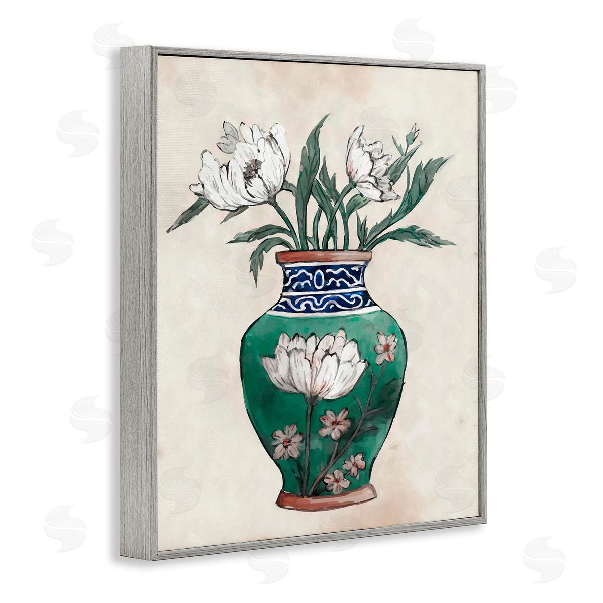 Floral Oriental Vase Grey Frame Print Wall Art, Home Decor by Ziwei Li