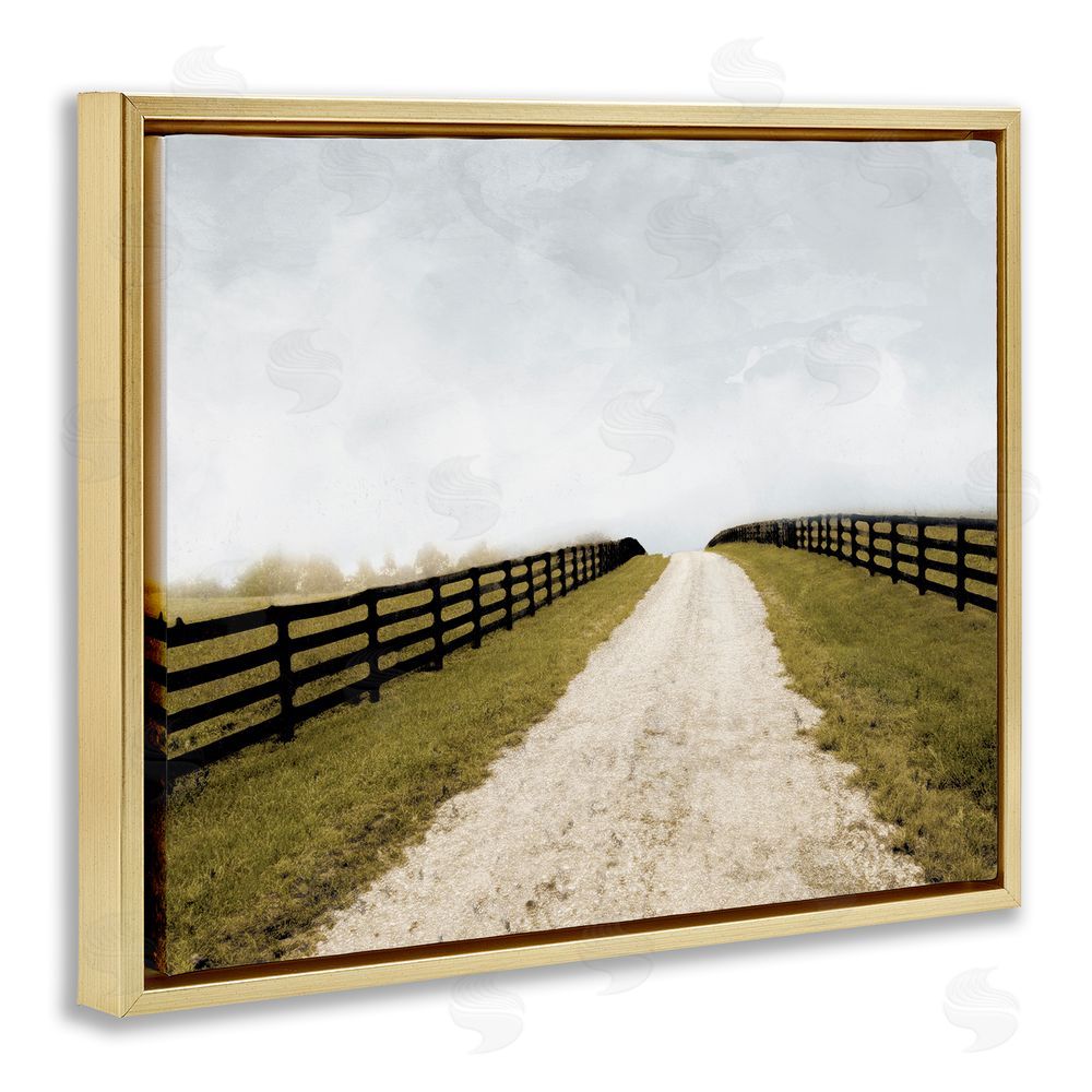 Ynon Mabat Farmland Path with Fence Gold Floating Frame Canvas Wall Art Print