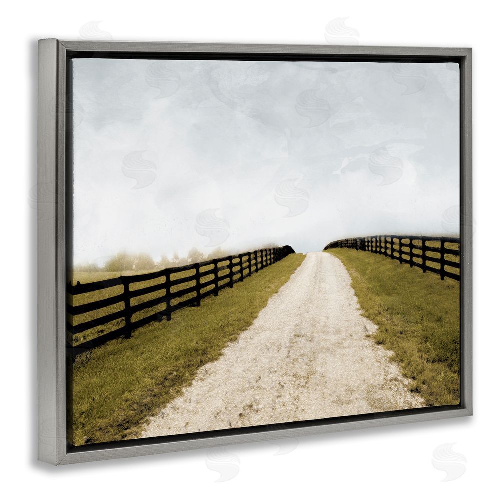 Ynon Mabat Farmland Path with Fence Grey Floating Frame Canvas Wall Art Print