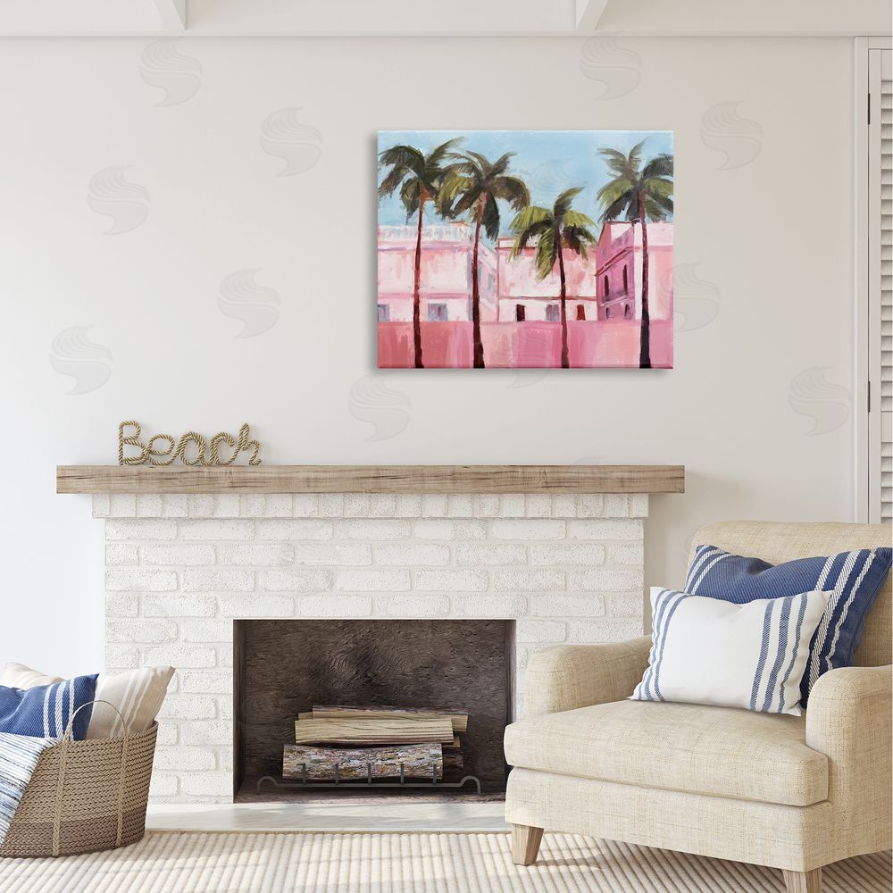 Ziwei Li Tropical Pink Buildings Canvas Wall Art Print in Room