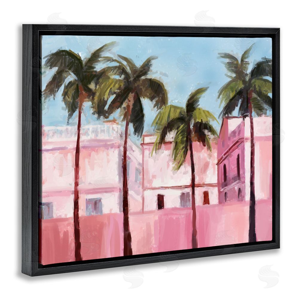 Ziwei Li Tropical Pink Buildings Black Floating Frame Canvas Wall Art Print