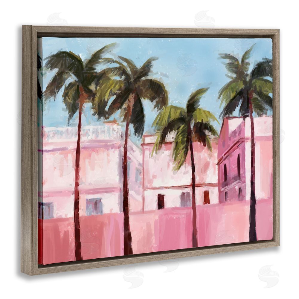 Ziwei Li Tropical Pink Buildings Brown Floating Frame Canvas Wall Art Print