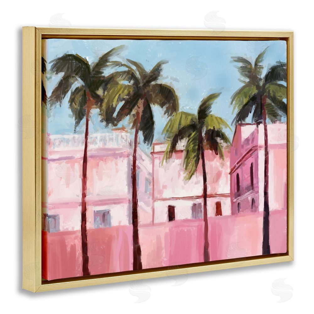 Ziwei Li Tropical Pink Buildings Gold Floating Frame Canvas Wall Art Print