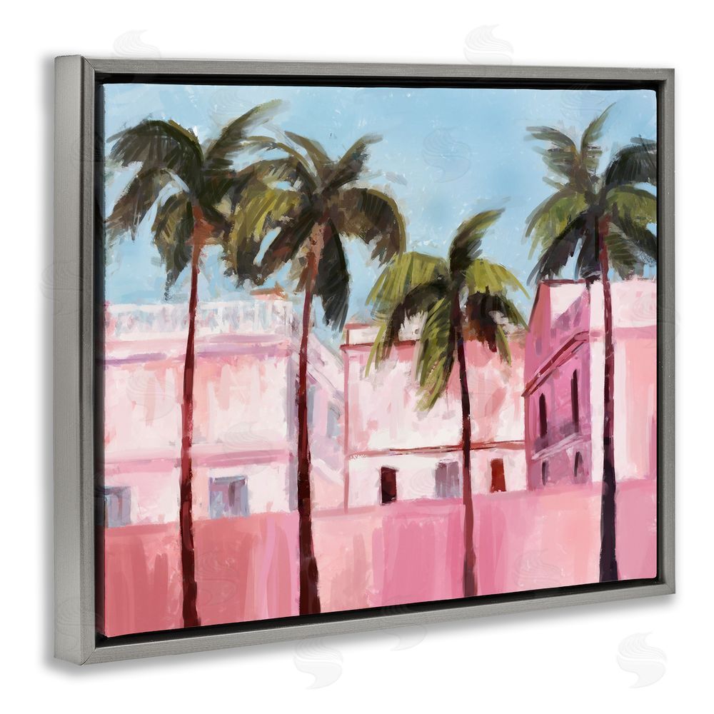 Ziwei Li Tropical Pink Buildings Grey Floating Frame Canvas Wall Art Print