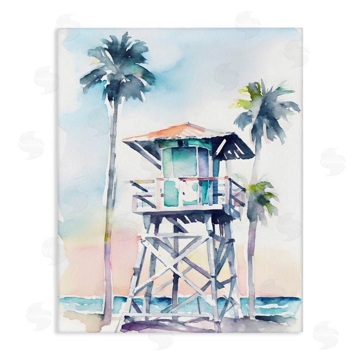 Petal Prints Design Lifeguard Hut on Beach Stretched Canvas Wall Art Print