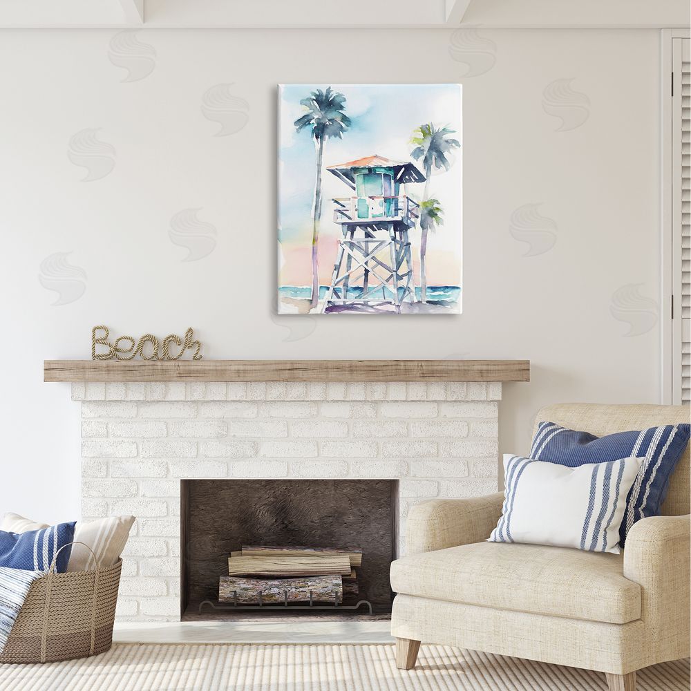 Petal Prints Design Lifeguard Hut on Beach Canvas Wall Art Print in Room