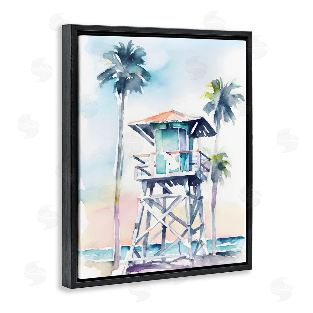 Petal Prints Design Lifeguard Hut on Beach Black Floating Frame Canvas Wall Art Print