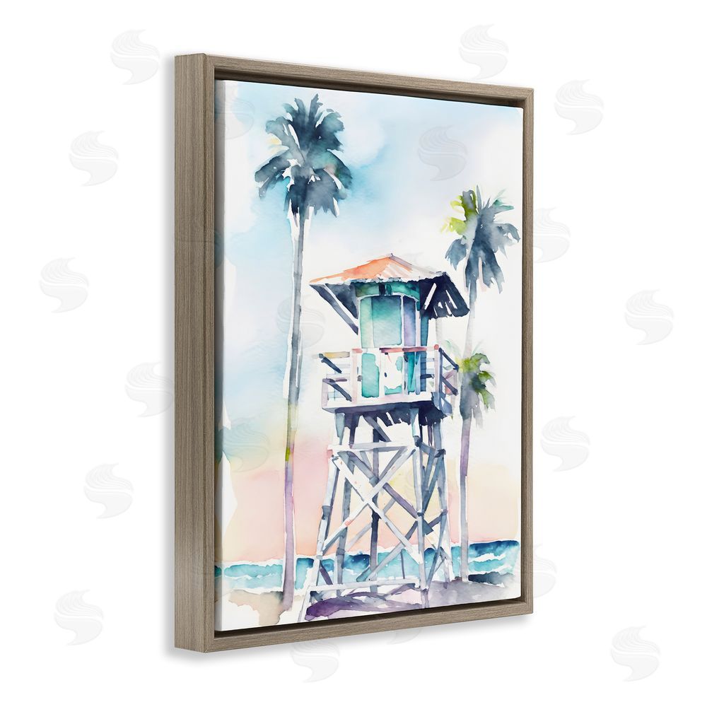 Petal Prints Design Lifeguard Hut on Beach Brown Floating Frame Canvas Wall Art Print
