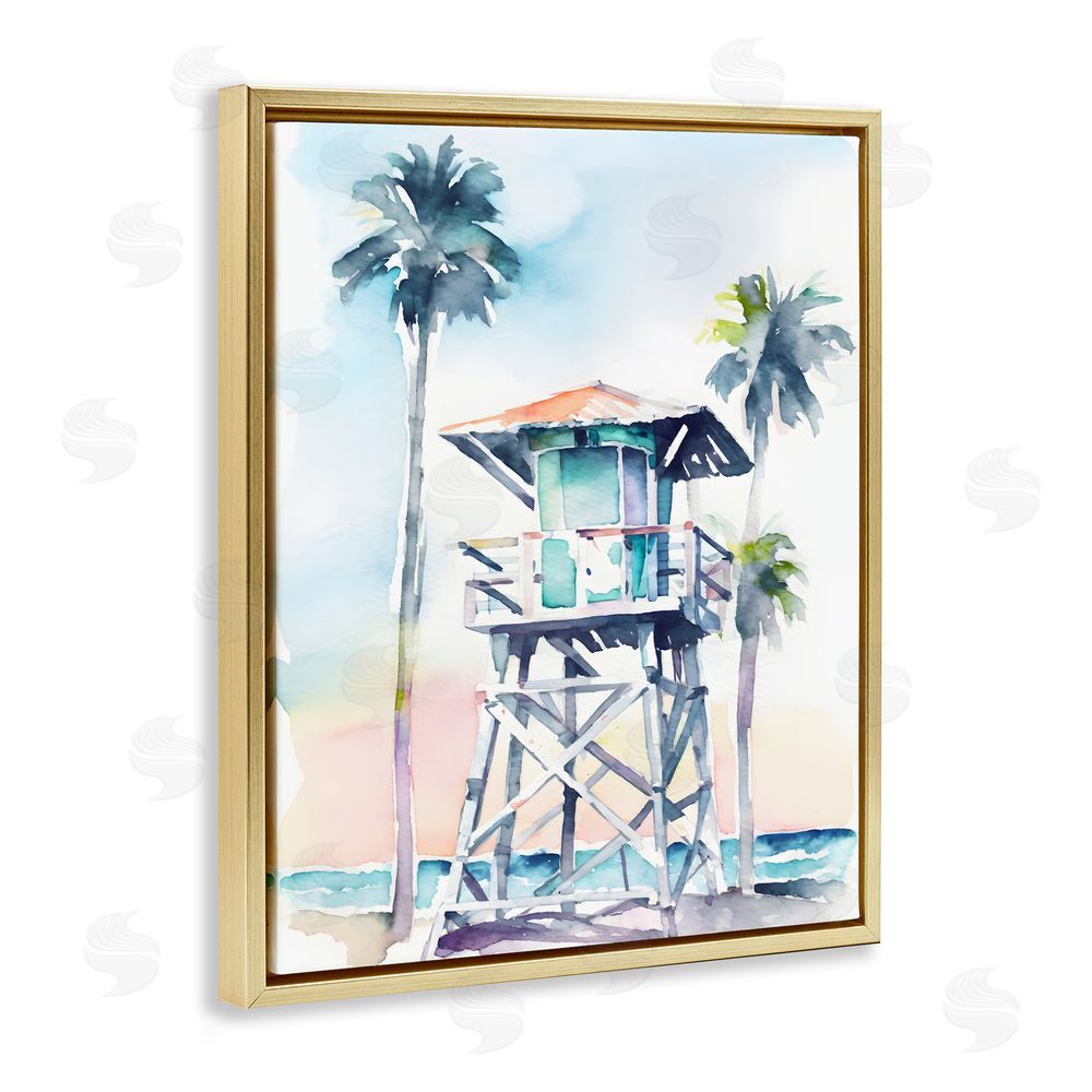 Petal Prints Design Lifeguard Hut on Beach Gold Floating Frame Canvas Wall Art Print