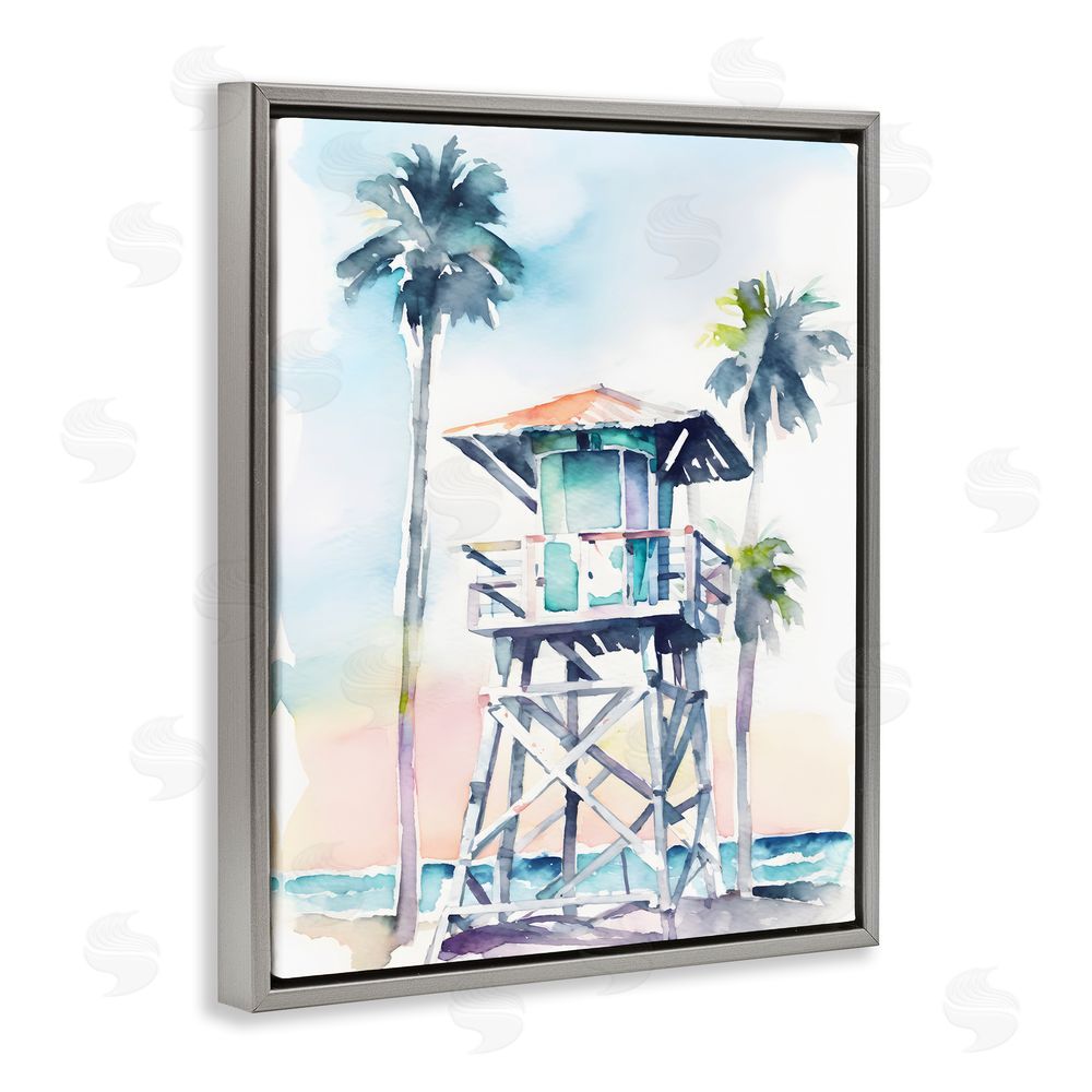 Petal Prints Design Lifeguard Hut on Beach Grey Floating Frame Canvas Wall Art Print