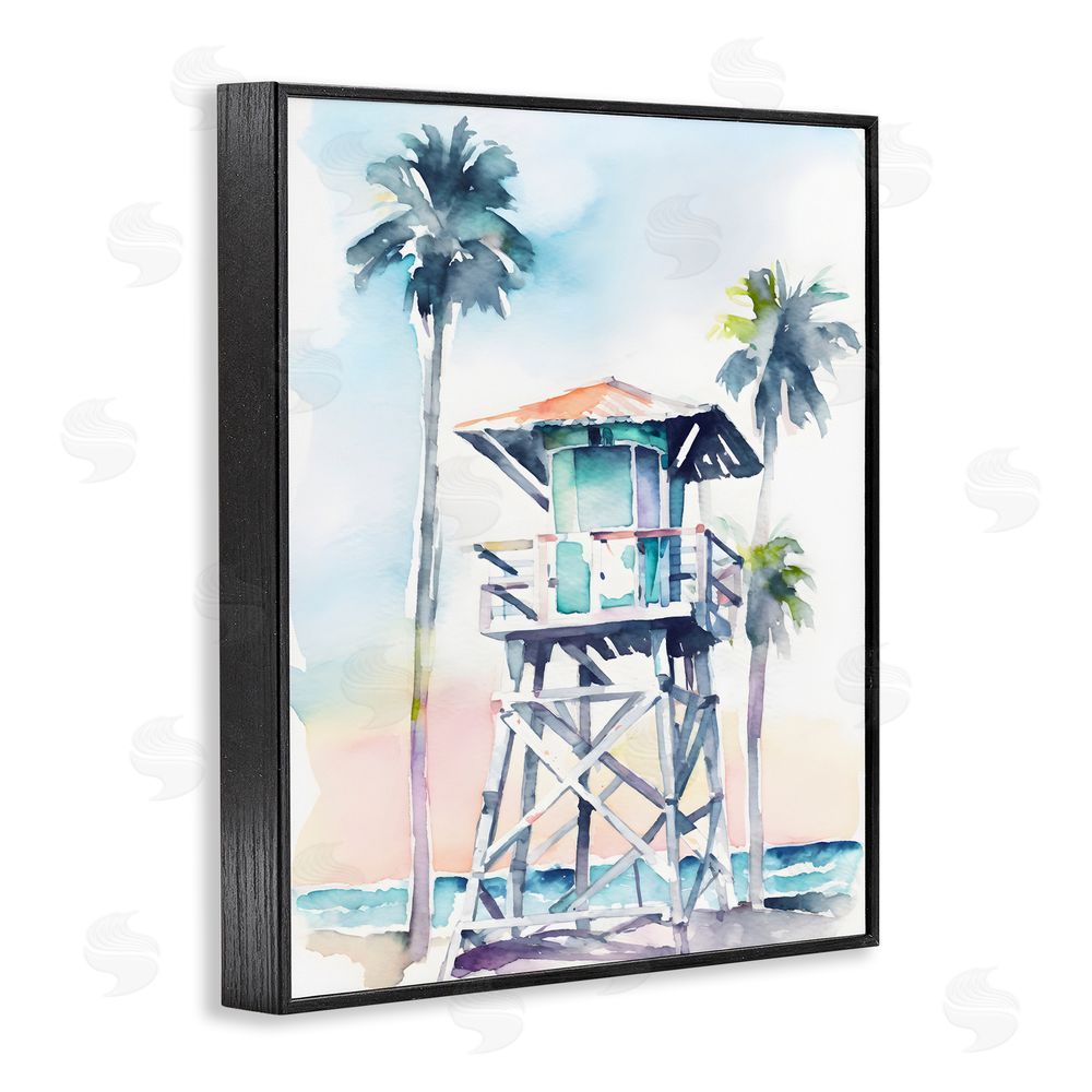 Petal Prints Design Lifeguard Hut on Beach Black Framed Giclee Wall Art Print