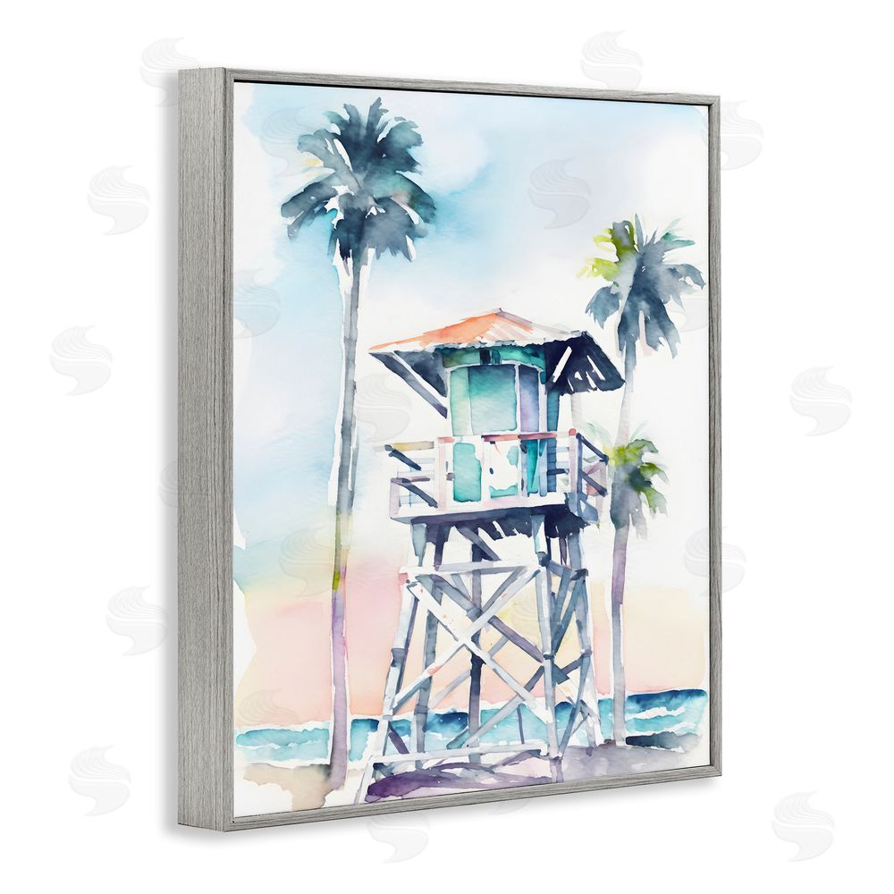 Petal Prints Design Lifeguard Hut on Beach Gray Framed Giclee Wall Art Print