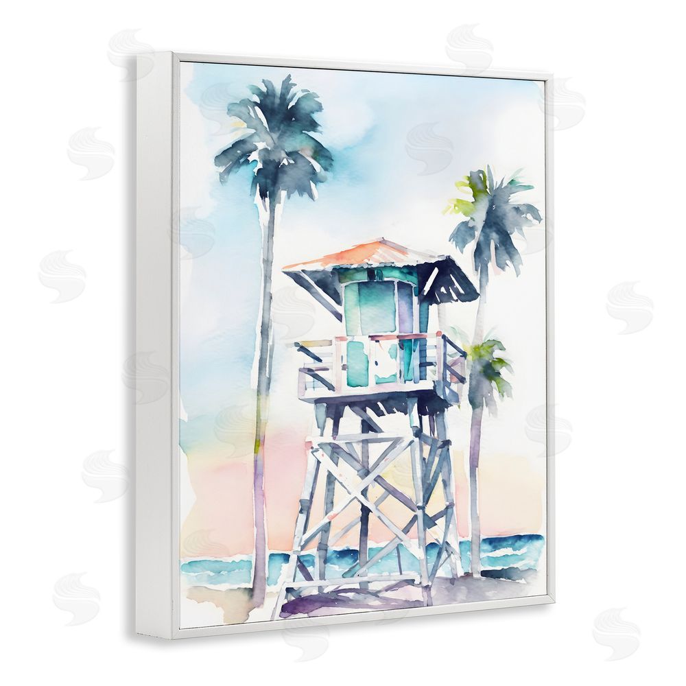 Petal Prints Design Lifeguard Hut on Beach White Framed Giclee Wall Art Print