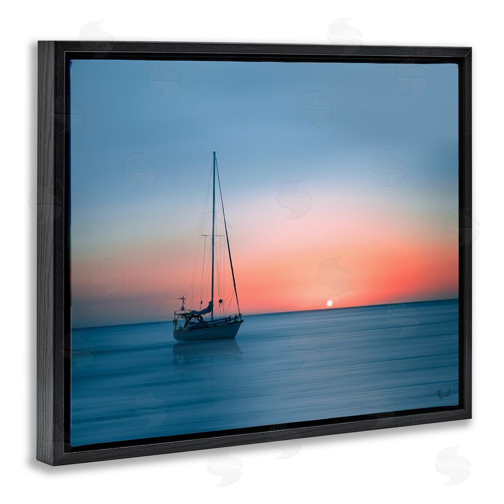 Renel Peters Boat on Sunset Horizon Black Floating Frame Canvas Wall Art Print
