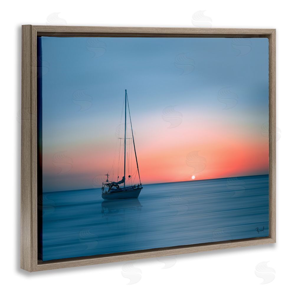 Renel Peters Boat on Sunset Horizon Brown Floating Frame Canvas Wall Art Print