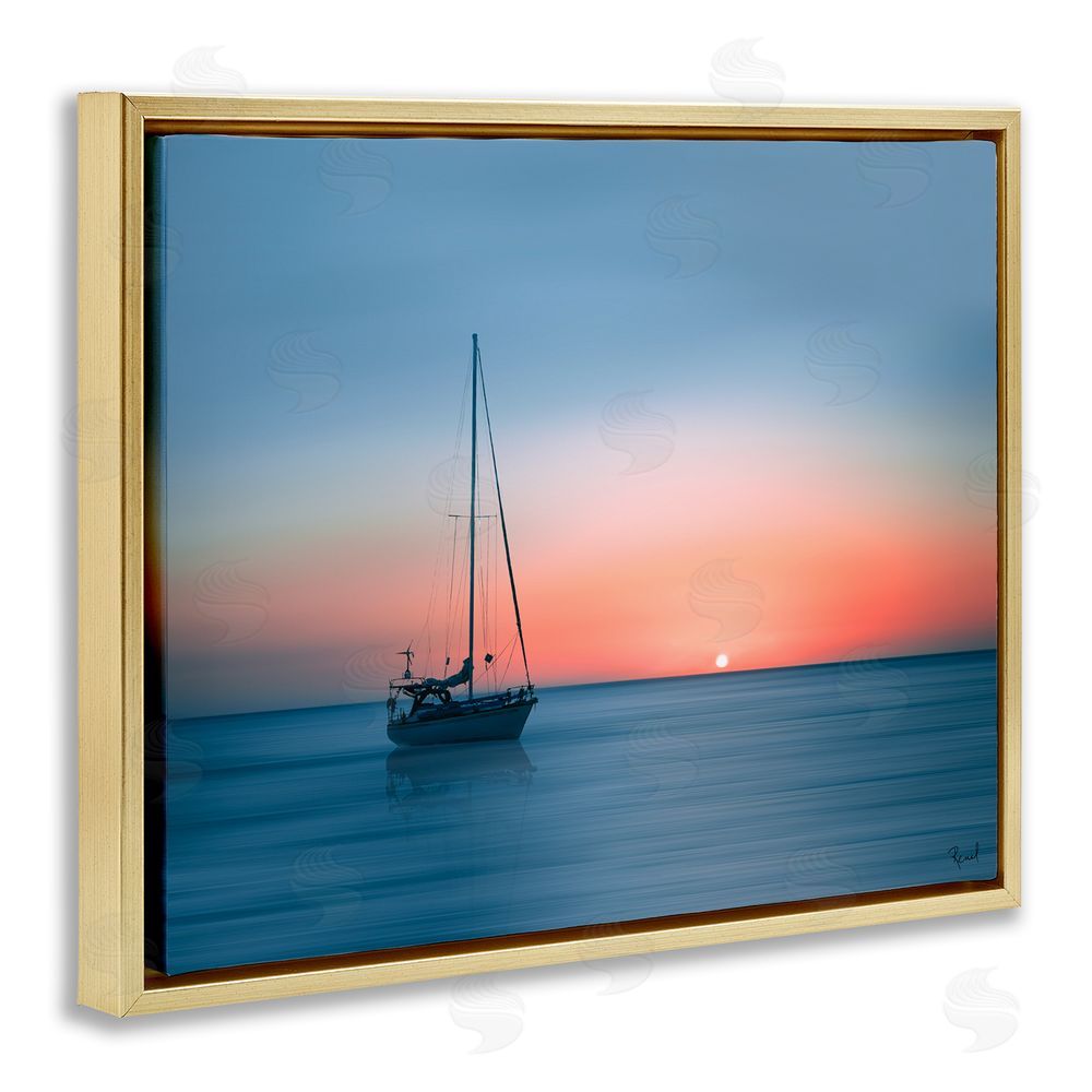 Renel Peters Boat on Sunset Horizon Gold Floating Frame Canvas Wall Art Print