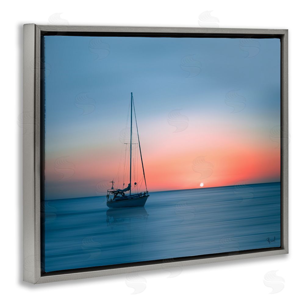 Renel Peters Boat on Sunset Horizon Grey Floating Frame Canvas Wall Art Print