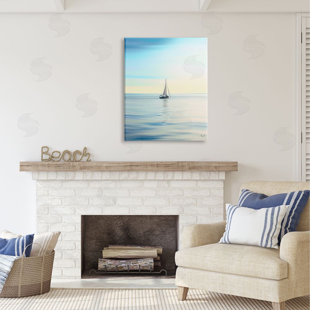 Renel Peters Blue Sunlit Sailboat Canvas Wall Art Print in Room