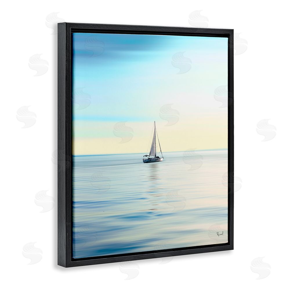Renel Peters Blue Sunlit Sailboat Black Floating Frame Canvas Wall Art Print