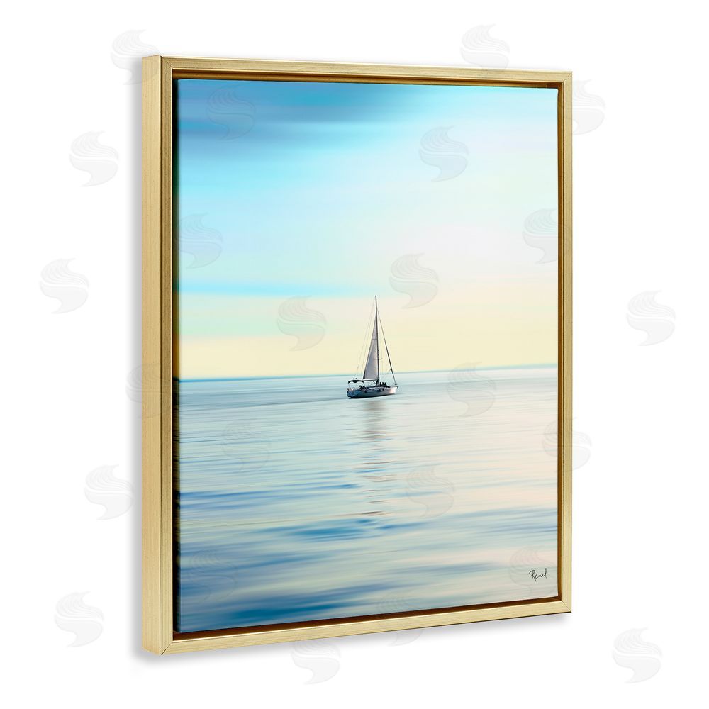 Renel Peters Blue Sunlit Sailboat Gold Floating Frame Canvas Wall Art Print