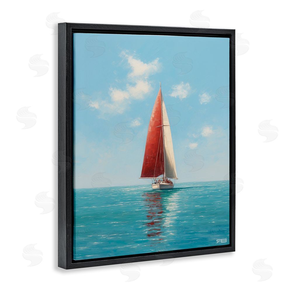 RB Red Sailboat on Sea Black Floating Frame Canvas Wall Art Print