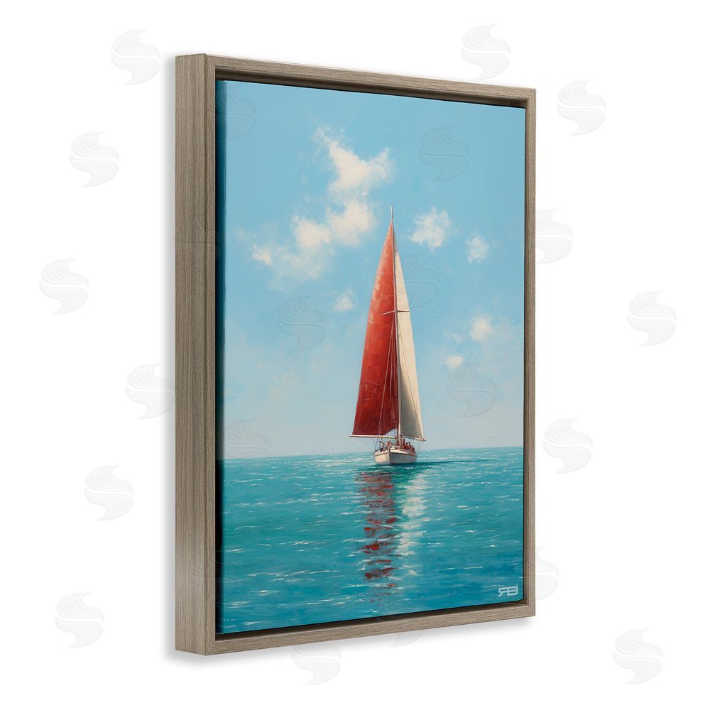 RB Red Sailboat on Sea Brown Floating Frame Canvas Wall Art Print