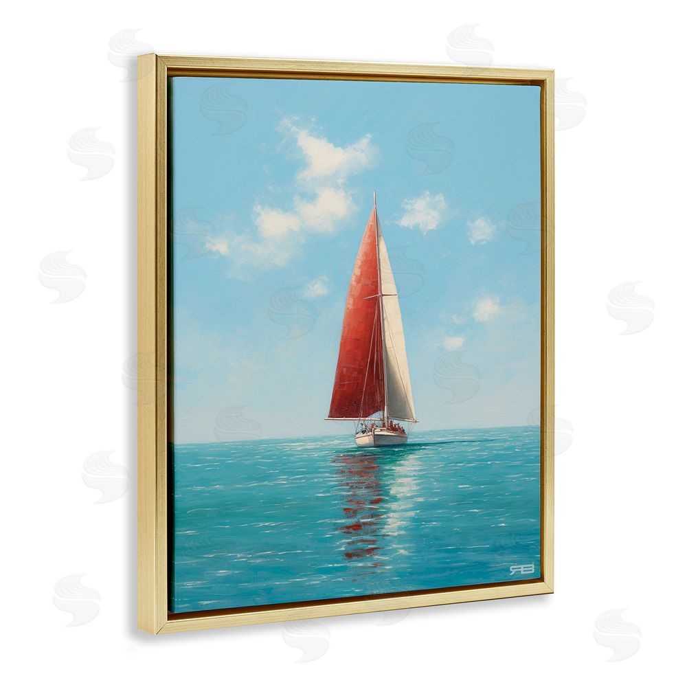 RB Red Sailboat on Sea Gold Floating Frame Canvas Wall Art Print