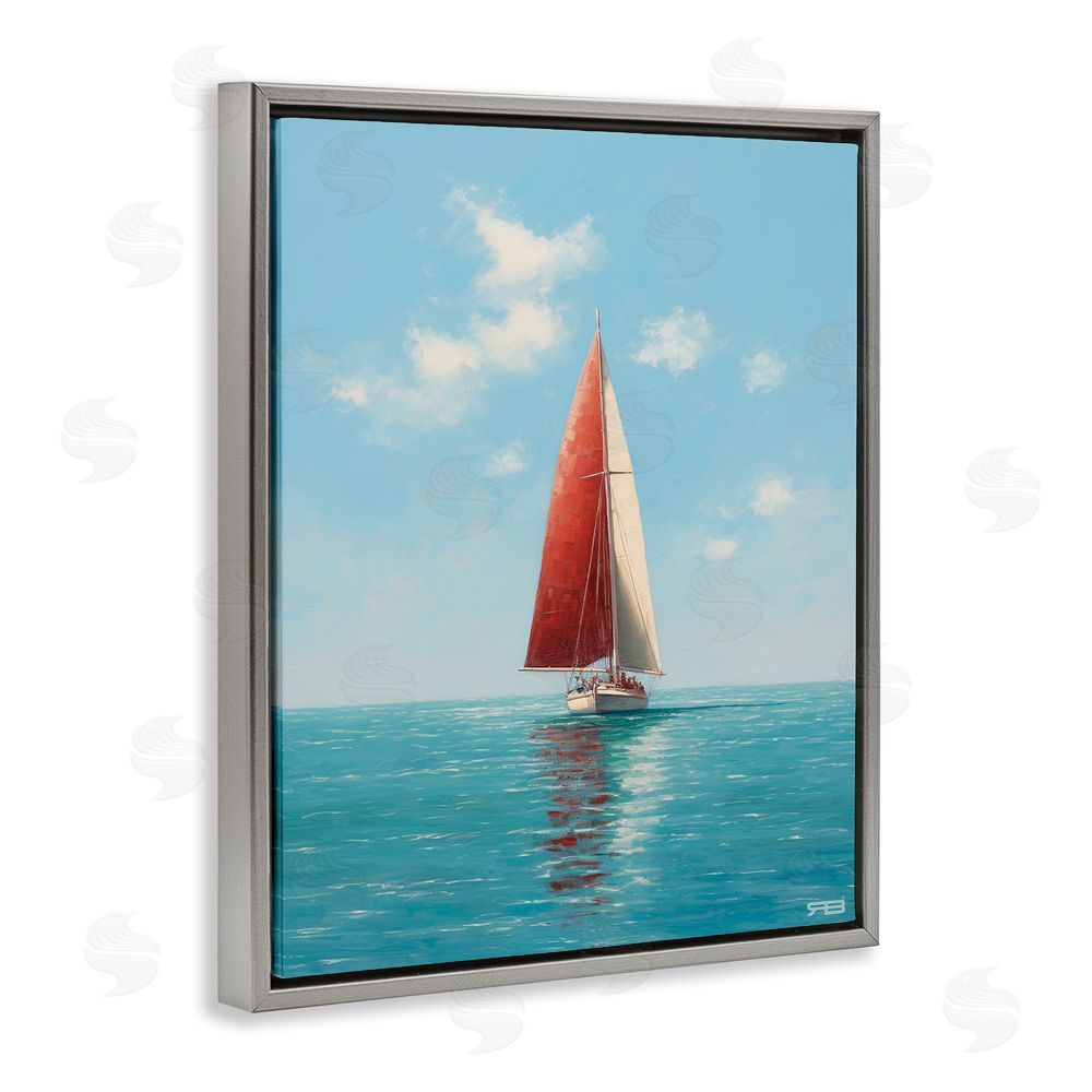 RB Red Sailboat on Sea Grey Floating Frame Canvas Wall Art Print