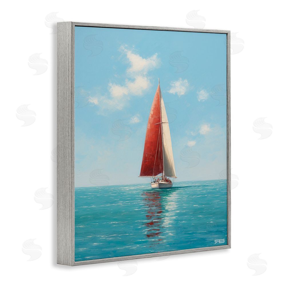 RB Red Sailboat on Sea Gray Framed Giclee Wall Art Print