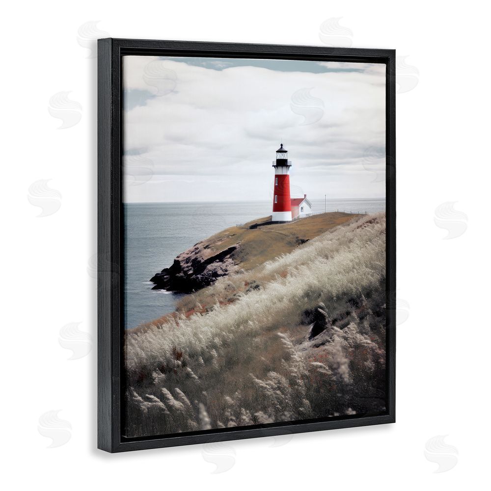 Ray Powers Red Lighthouse Landscape Black Floating Frame Canvas Wall Art Print