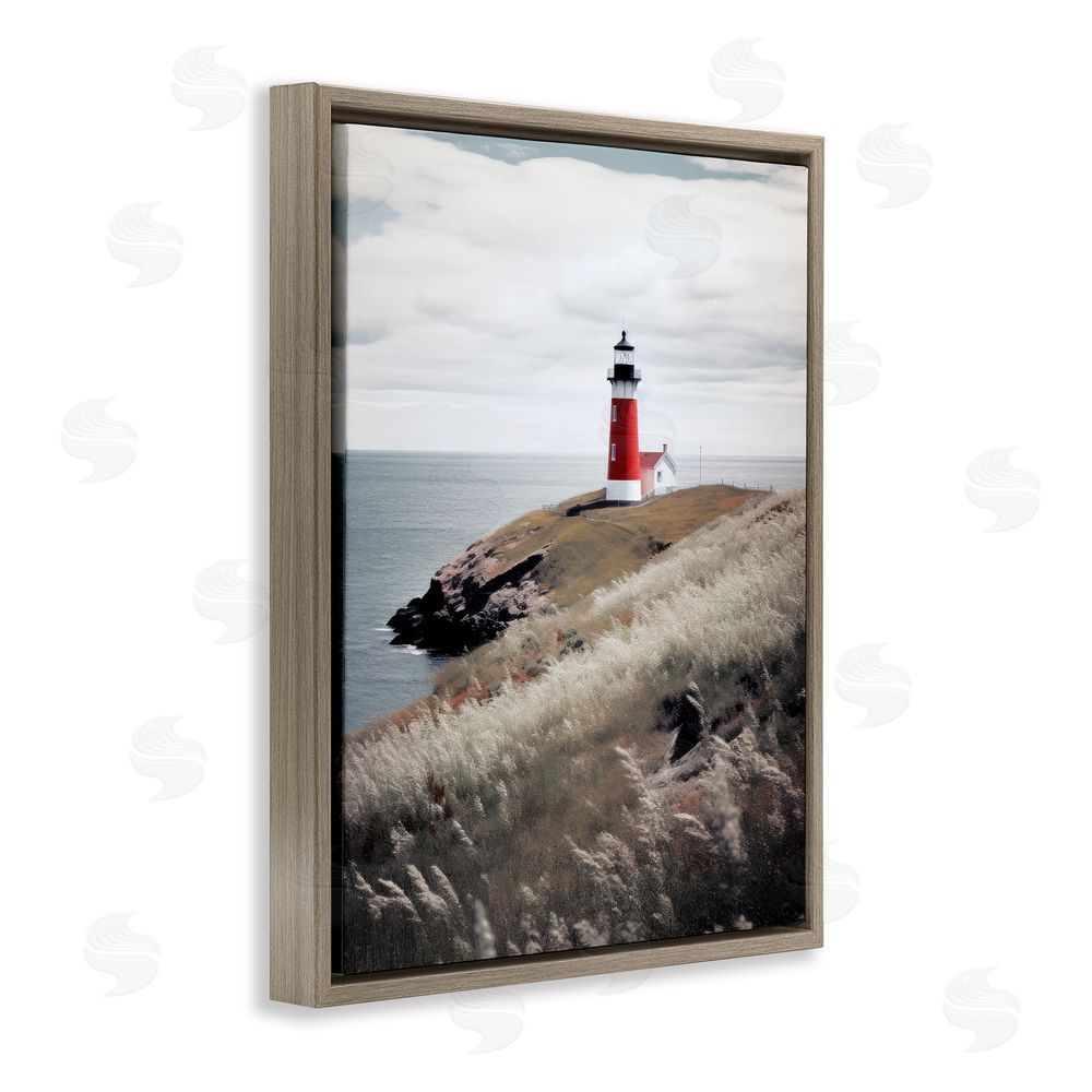 Ray Powers Red Lighthouse Landscape Brown Floating Frame Canvas Wall Art Print