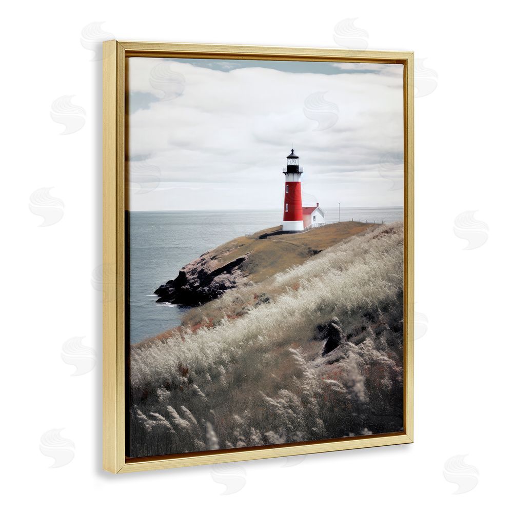 Ray Powers Red Lighthouse Landscape Gold Floating Frame Canvas Wall Art Print