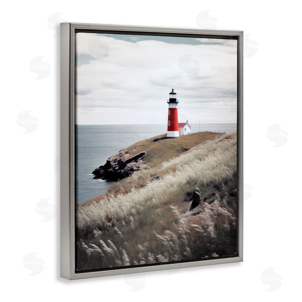 Ray Powers Red Lighthouse Landscape Grey Floating Frame Canvas Wall Art Print