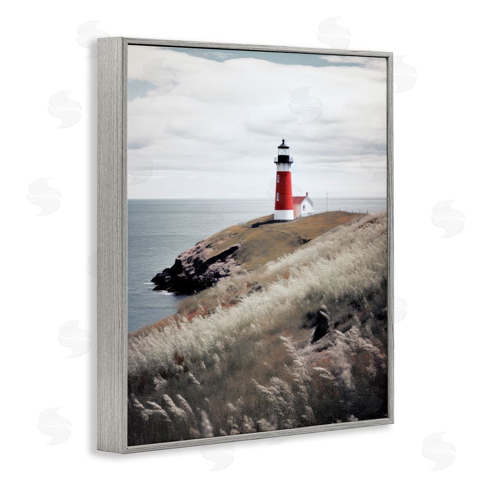 Ray Powers Red Lighthouse Landscape Gray Framed Giclee Wall Art Print