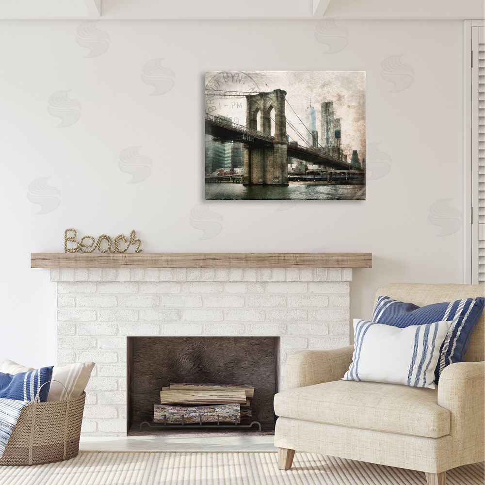Rhonda Addison Vintage Brooklyn Bridge Canvas Wall Art Print in Room