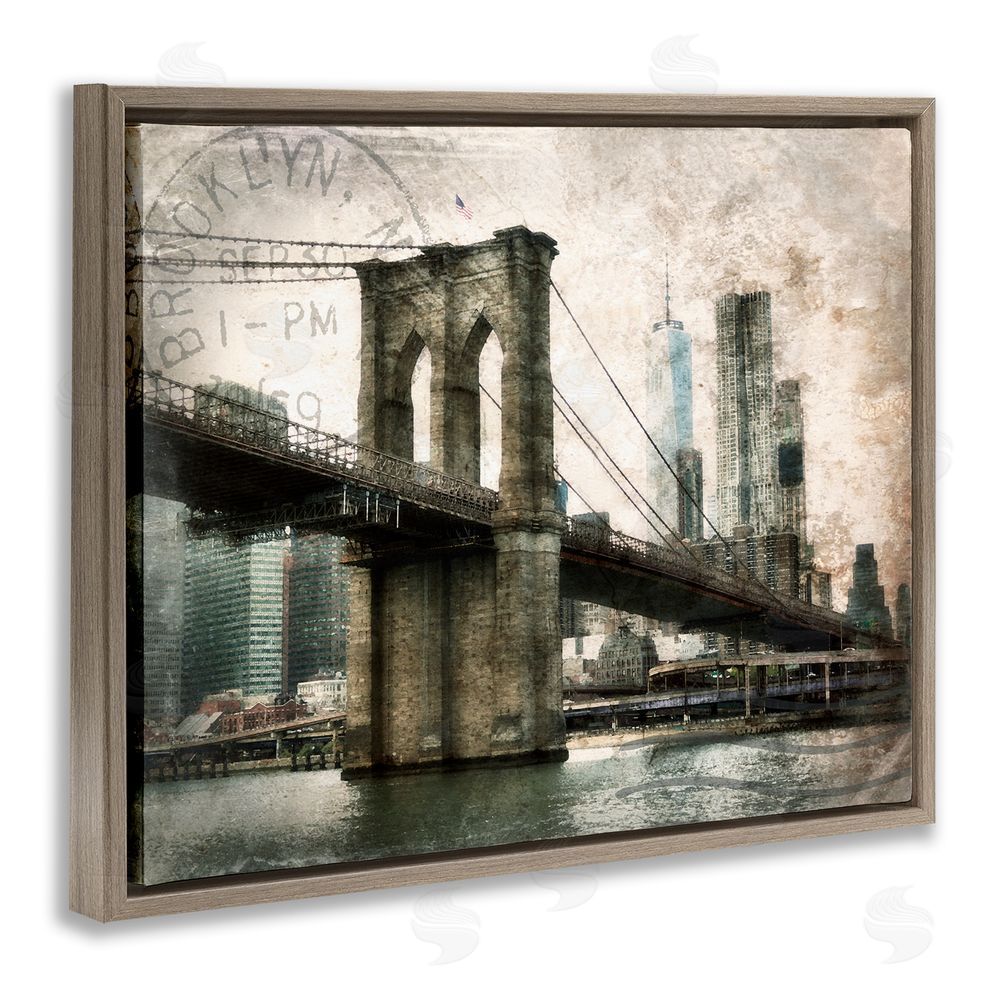 Rhonda Addison Vintage Brooklyn Bridge Brown Floating Frame Canvas Wall Art Print