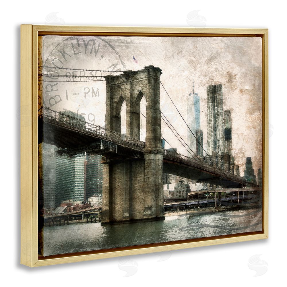Rhonda Addison Vintage Brooklyn Bridge Gold Floating Frame Canvas Wall Art Print