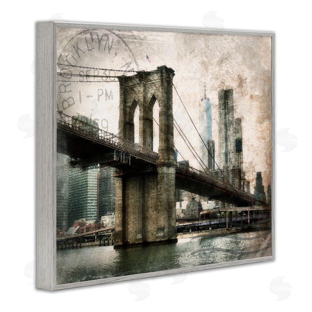 Rhonda Addison Vintage Brooklyn Bridge Gray Framed Giclee Wall Art Print