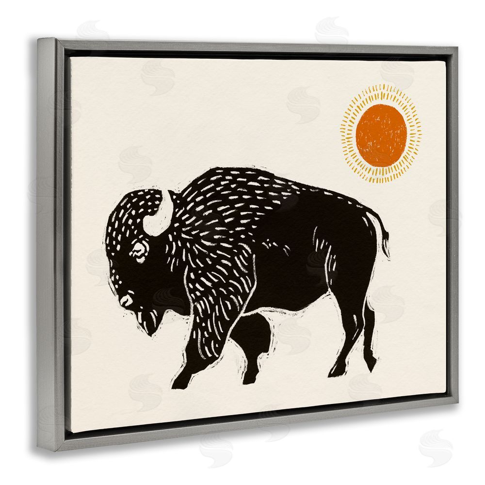 Victoria Barnes Boho Bison Facing Left Grey Floating Frame Canvas Wall Art Print
