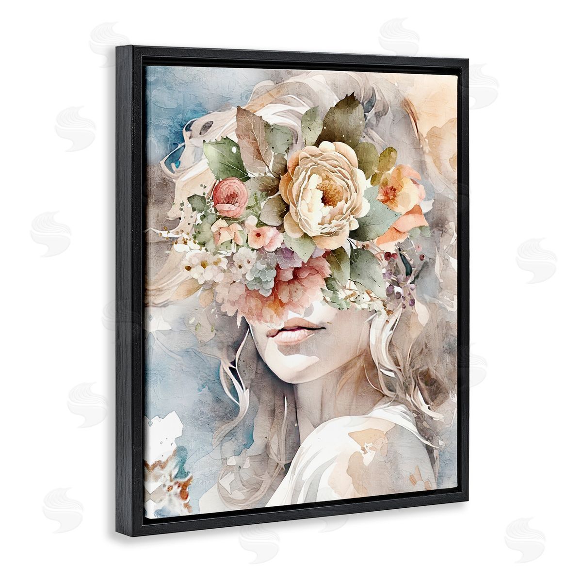 Floral Portrait of Girl Black Floating Frame Canvas Wall Art, Home Decor by Kim Allen