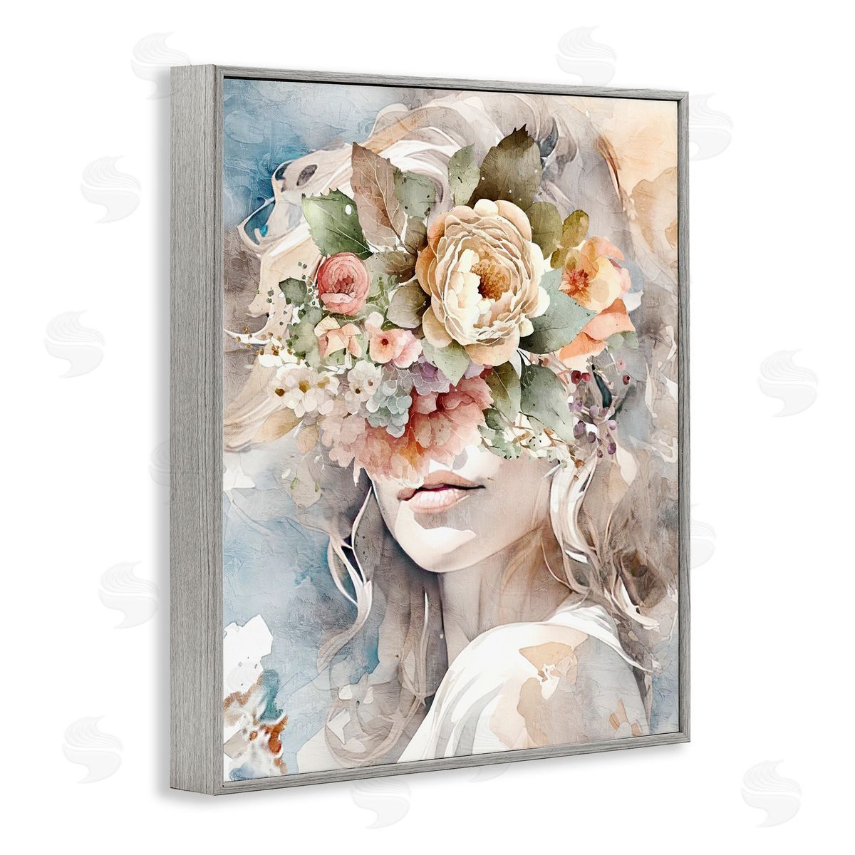Floral Portrait of Girl Grey Frame Print Wall Art, Home Decor by Kim Allen