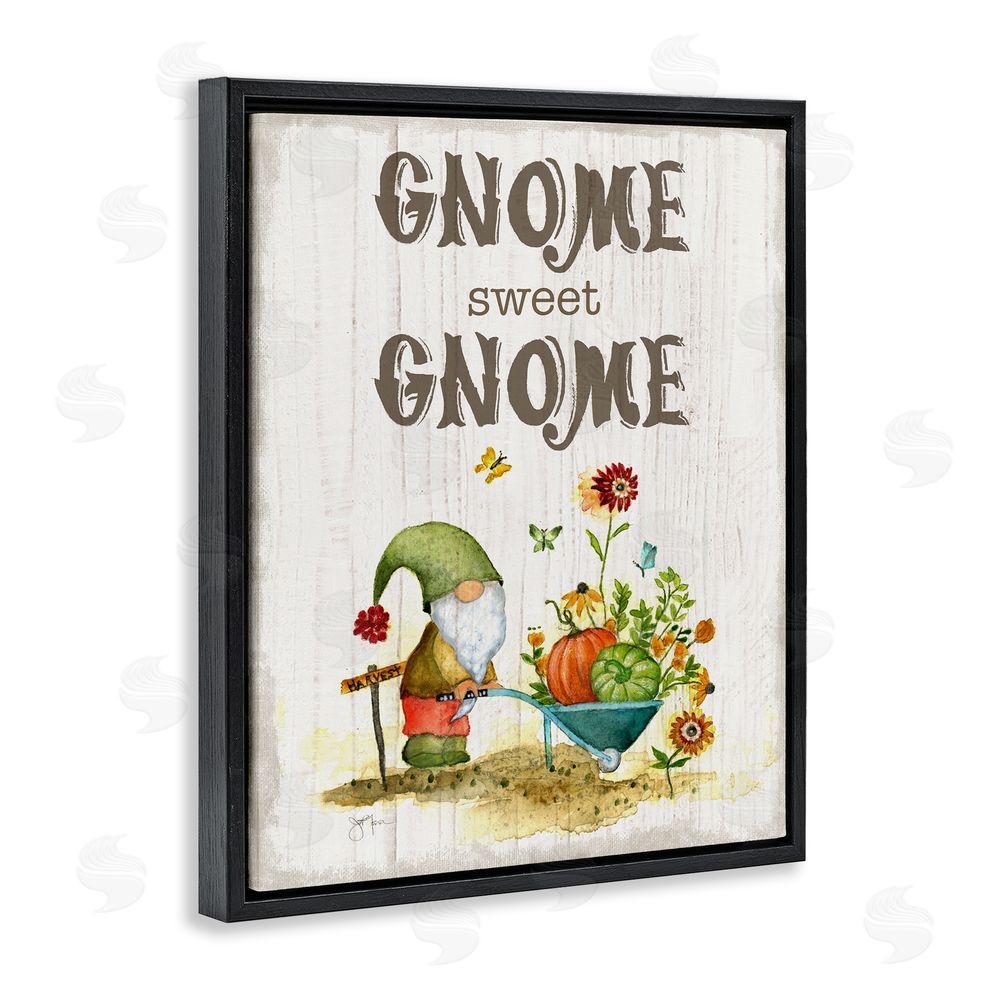 Janet Tava Sweet Gnome Floral Harvest Black Floating Frame Canvas Wall Art Print