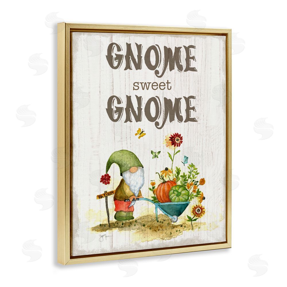Janet Tava Sweet Gnome Floral Harvest Gold Floating Frame Canvas Wall Art Print