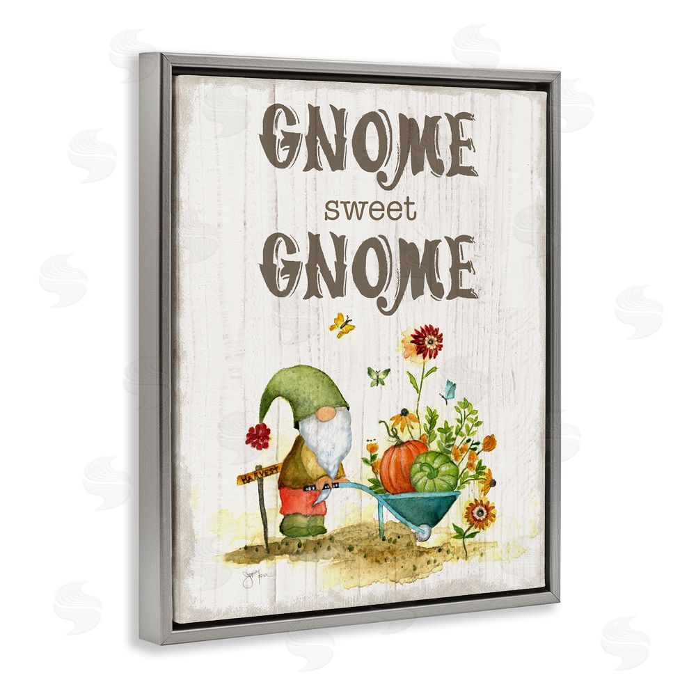 Janet Tava Sweet Gnome Floral Harvest Grey Floating Frame Canvas Wall Art Print