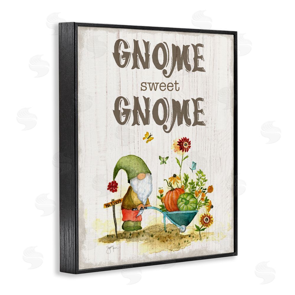 Janet Tava Sweet Gnome Floral Harvest Black Framed Giclee Wall Art Print